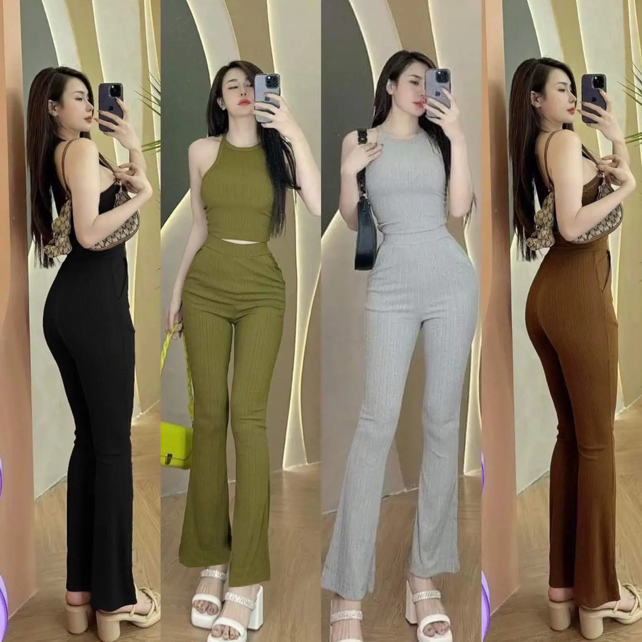 Set bộ áo sát nách kèm quần dài ống loe vải thun gân xương cá co giãn MBB80