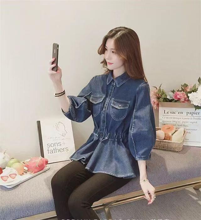 Product Introduction of [Denim jumper dress] shirt retro 2024 design denim new Hong Kong style elegant French top tight waist niche western style shirt jean sweater 22