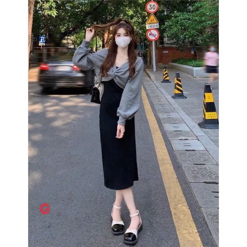  Đầm hai dây đen và áo khoác ngoài tay dài xoắn ngực hot hit kèm hình thật - M147 