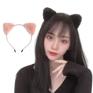 Minzo Bando Korea Perempuan Dewasa Headbands Aksen Kuping Kucing Bahan Kain Bulu Hiasan Pink Fashion Bandana Aksesoris Wanita