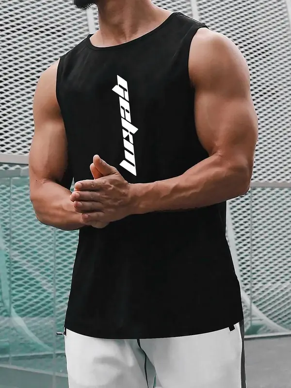 Men's Letter Print Round Neck Tank Top, Loose Casual Crew Neck Sleeveless Top for Summer, Fashion Men's Clothes for Daily Wear, Socks 0
