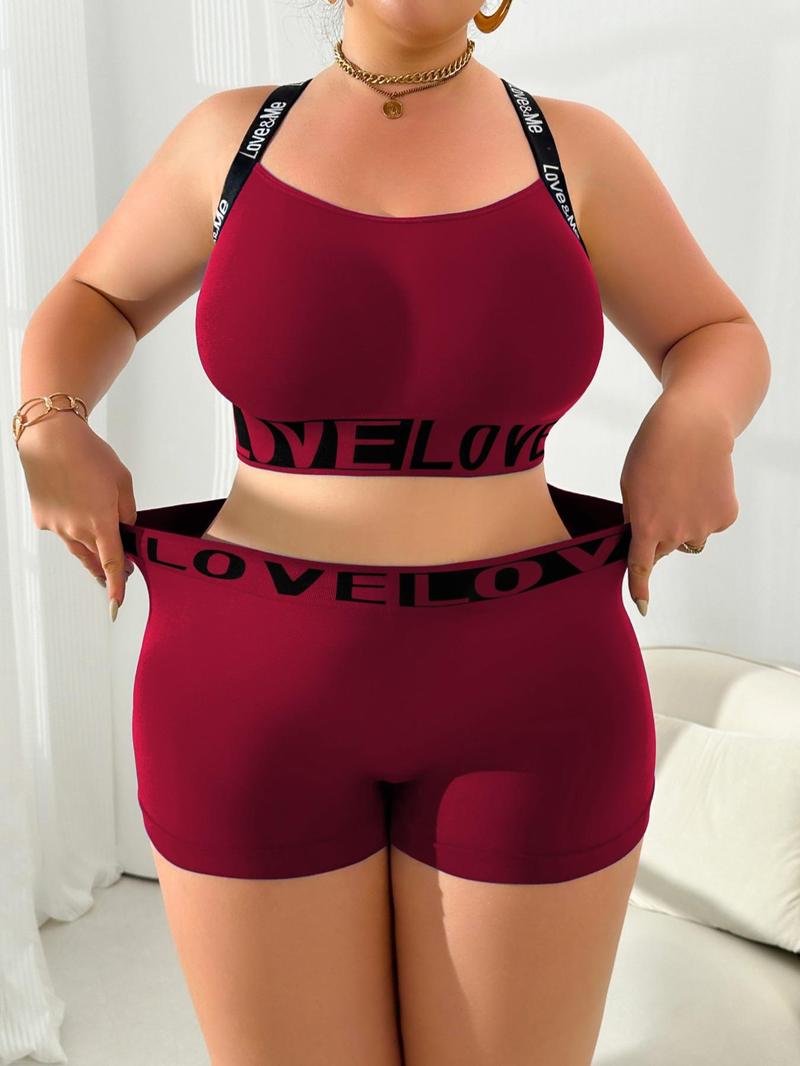 Product Introduction of 【Plus Size】 Letter Print Wireless Bra & boxer short Set, Casual Comfy Breathable Lingerie Set for Daily Wear, Women's Underwear Set for All Seasons 7
