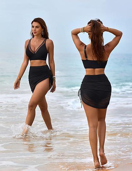 Product Introduction of Women's Solid Sheer Contrast Mesh Bikini Sets, Halter Neck Bikini Top & High Waist Knicker, Two Piece Set Medbikini, Brazilian Swimwear Set Outfits 3