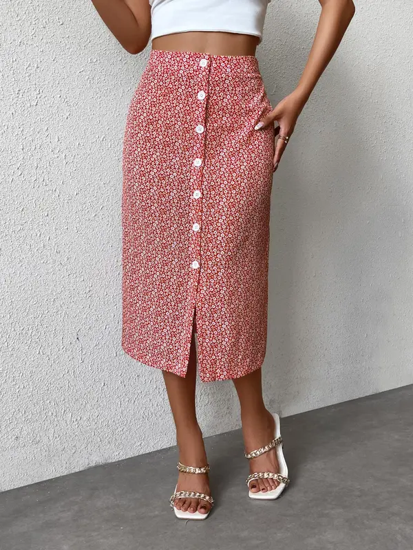 Women's Ditsy Floral Print Button Front Skirt, Casual High Waist Midi Skirt for Spring & Fall, Women's Bottoms for Daily Wear 3