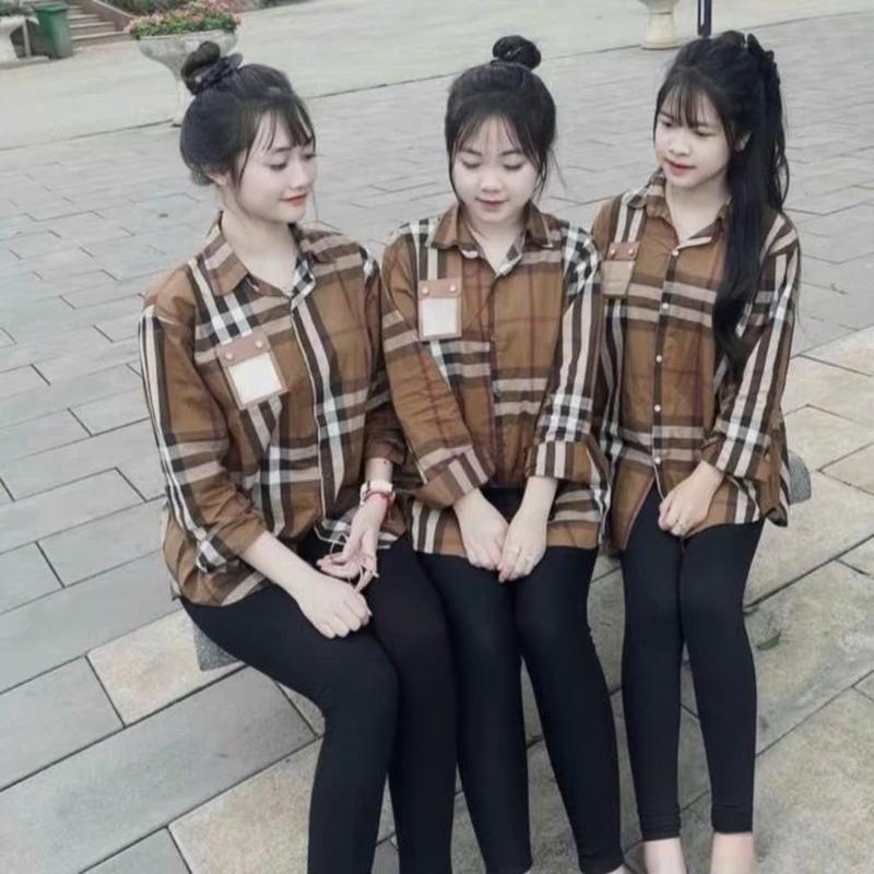 ÁO sơ mi bbr dàu tay màu nâu sang chảnh họa tiết kẻ bbr cho nữ 3