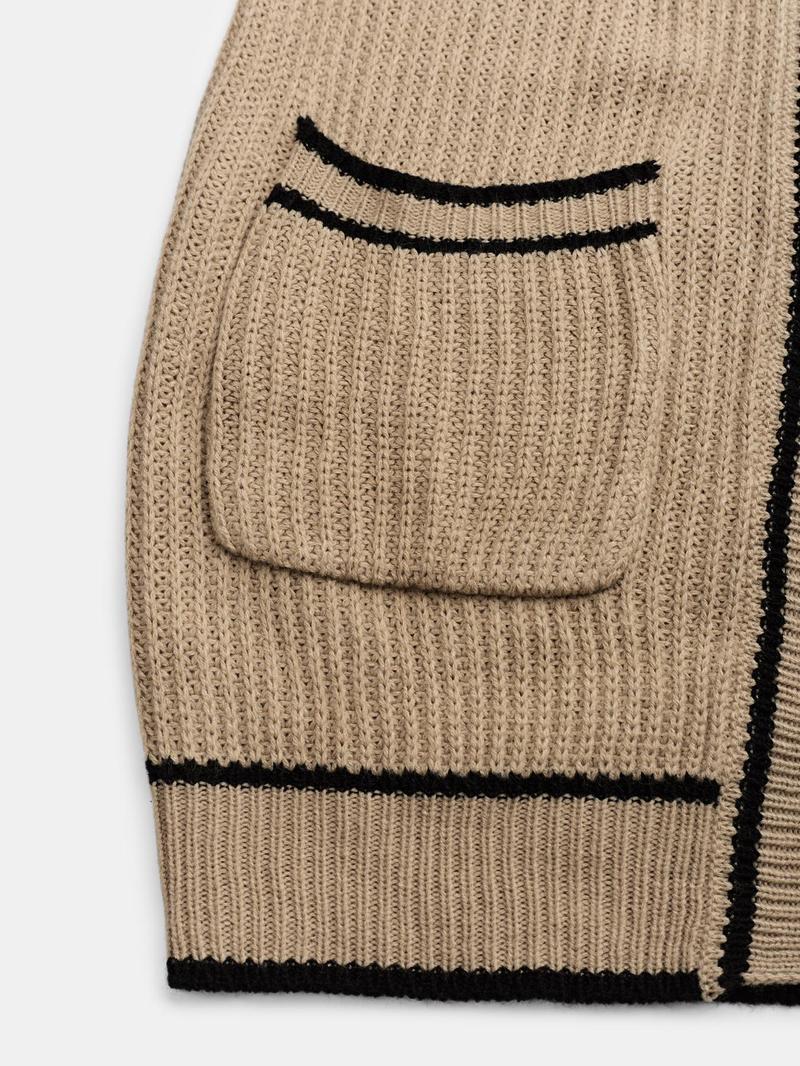 Product Introduction of YOZY Women's Contrast Binding Drop Shoulder Cable Knit Cardigan, Casual Long Sleeve Pocket Open Front Knitwear for Fall & Winter, Fashion Ladies' Knit Clothing for Daily Wear 9