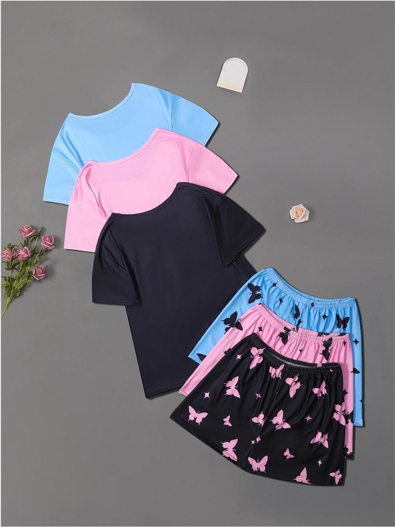 Product Introduction of 6 Counts Women's Butterfly Heart Print Tee & Shorts Pyjama Set, Casual Comfy Round Neck T-shirt & Shorts Pj Set, Matching Pajamas, Sleepwear & Loungewear Set for Women 13