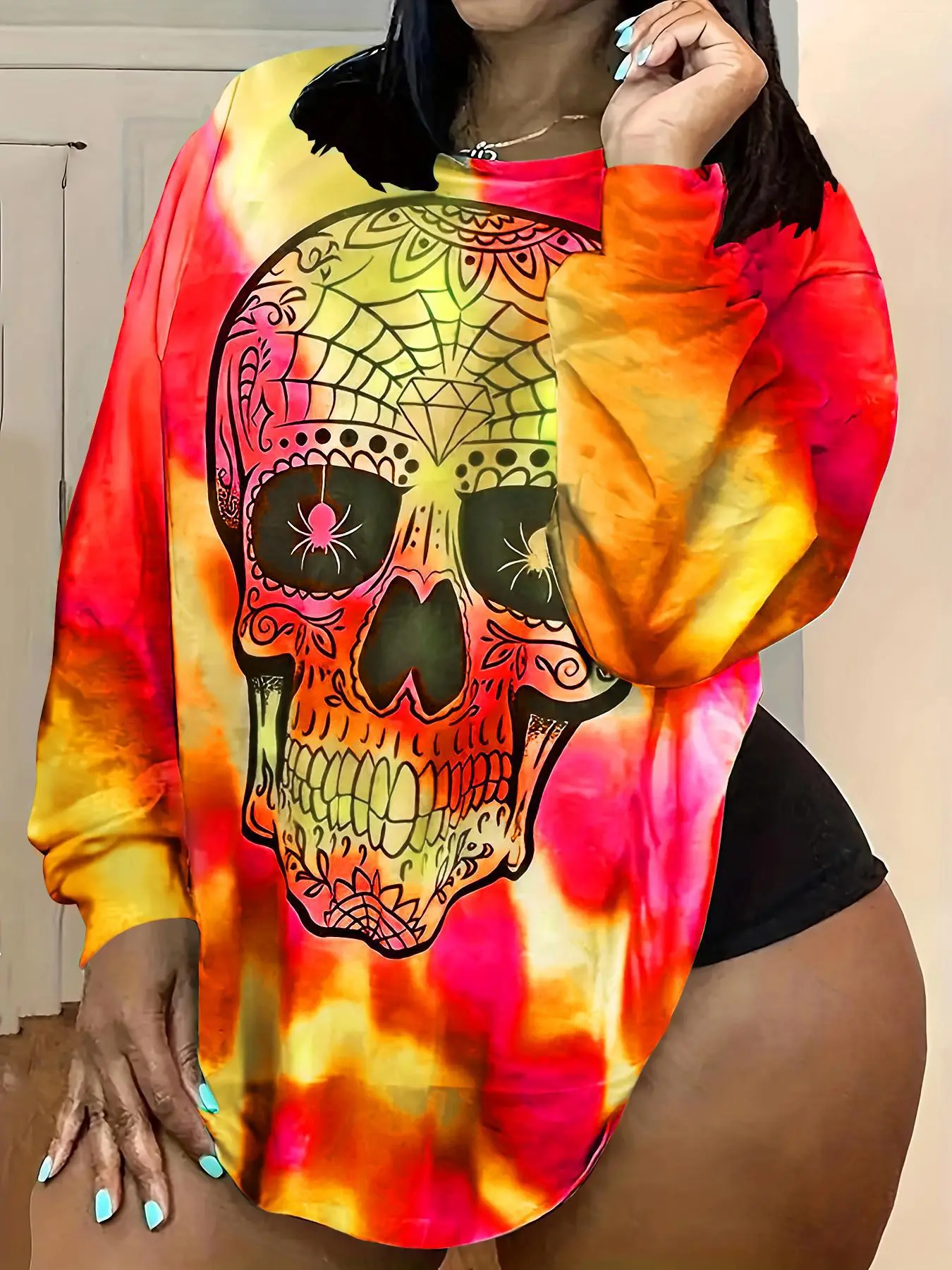 【Plus Size】Skull Print Tie Dye Round Neck Tee, Halloween Casual Long Sleeve Crew Neck T-shirt for Fall & Winter, Women's Clothing for Daily Wear