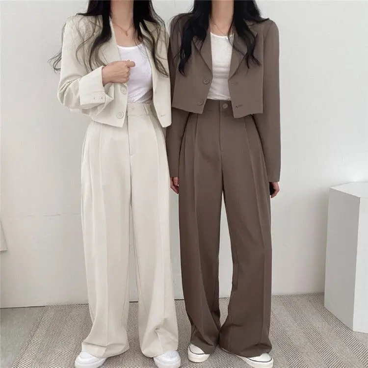 High-Quality In Stock - [2681 People Collected] Korean Chic Two-Piece Set Retro Lapel Two-Button Loose Blazer Short Jacket High-Waisted Trousers Long Pants Set for Women - TK Hot Sale Quality Certification