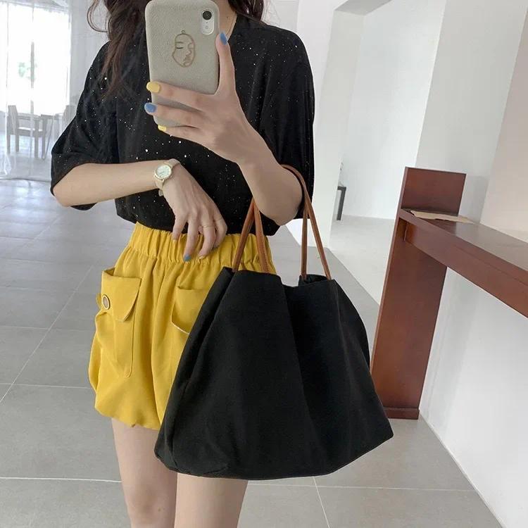 Product Introduction of White Black Shoulder Bag Classic Canvas Books Storage Handbag Snap Fastener Tote Bolso Student Books Storage Bags Bolsa Femimina 12
