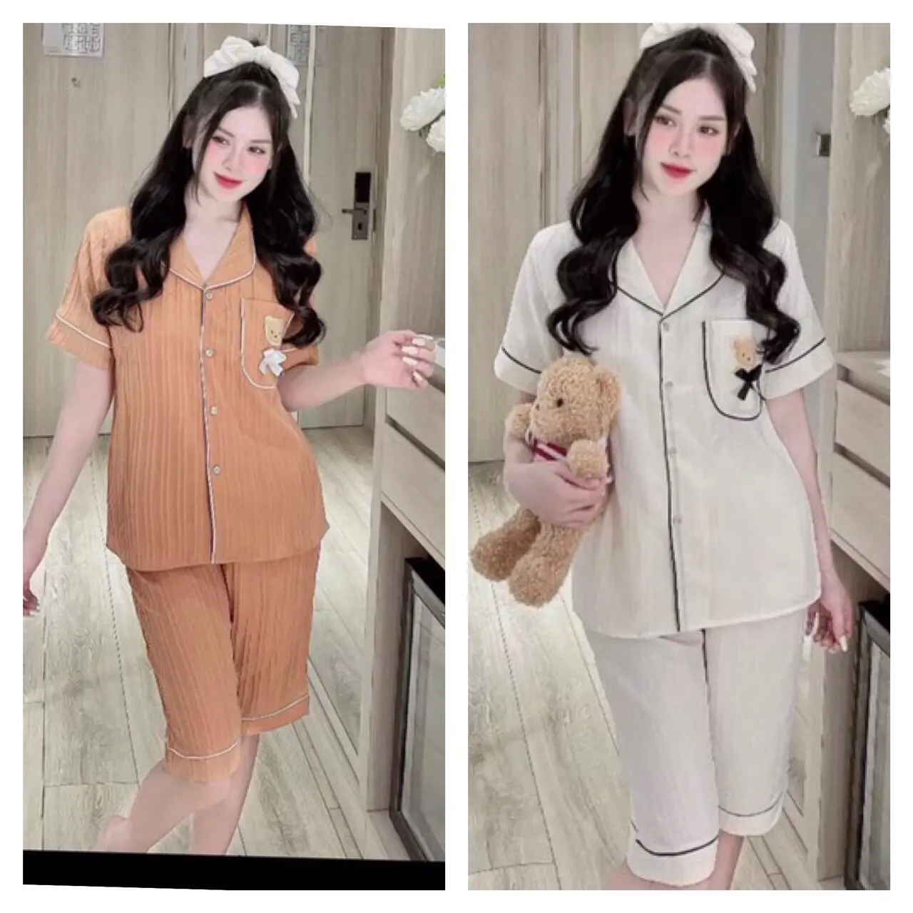 Bộ Ngủ nữ GẤU TAY NGẮN QUẦN LỬNG (lẻ 1 bộ) chất đũi xốp mùa hè