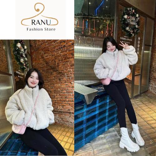 Áo khoác lông nữ croptop màu trơn form rộng dài tay basic dễ mặc dễ phối đồ RANU
