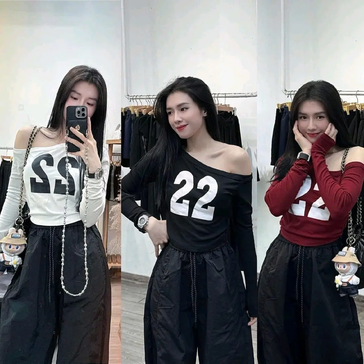 SR9A - Áo lệch vai tay dài in số 22 chất cotton 4C mềm mịn thoáng mát Top Nữ Women
