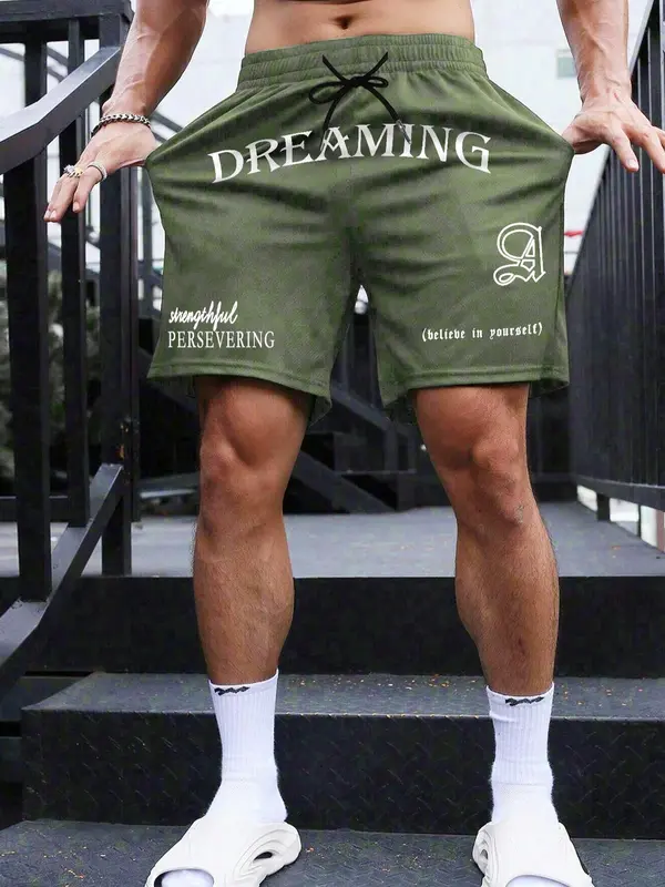 Men's Letter Print Pocket Drawstring Shorts, Regular Fit Casual Street Elastic Waist Straight Leg Shorts for Summer, Fashion Men's Bottoms for Daily Wear 3