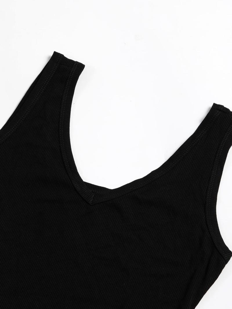 Product Introduction of Women's Solid Color Ribbed Sports Tank Top, High Stretch Casual Comfortable Breathable V Neck Sleeveless Top for Daily Wear, Ladies Sportswear for All Seasons 9