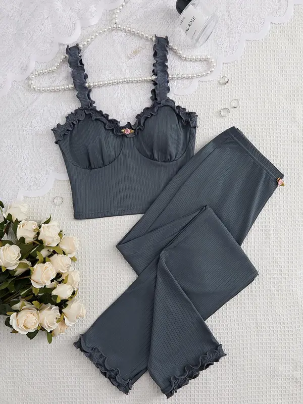 Frill Trim Backless Crop Cami Top & Elastic Waist Pants Pajama Set, Y2k Wear Streetwear Lady Comfort Sleeveless Top & Flower Decor Trousers Pj Set, Summer Wear 2024, Ladies Sleepwear Homewear, Lounge Sets, Pajama Sets 2 Piece Set for Girls, Grace Pyjamas 2