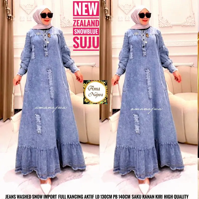 Gamis Jeans Wanita Muslim Cantik Terbaru Ld 130 cm Pj 140 cm Jumbo Size Bahan Nyaman Rempel Bawah Kancing Dada Aktif Lengan Panjang Best Seller Recommended Fit Kerja 5