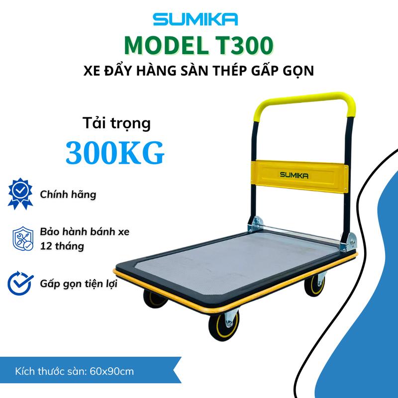Xe đẩy hàng 4 bánh SUMIKA T300, tay cầm gấp gọn, sàn thép bọc nhựa, bánh xe nhựa PU đàn hồi, tải trọng 300kg