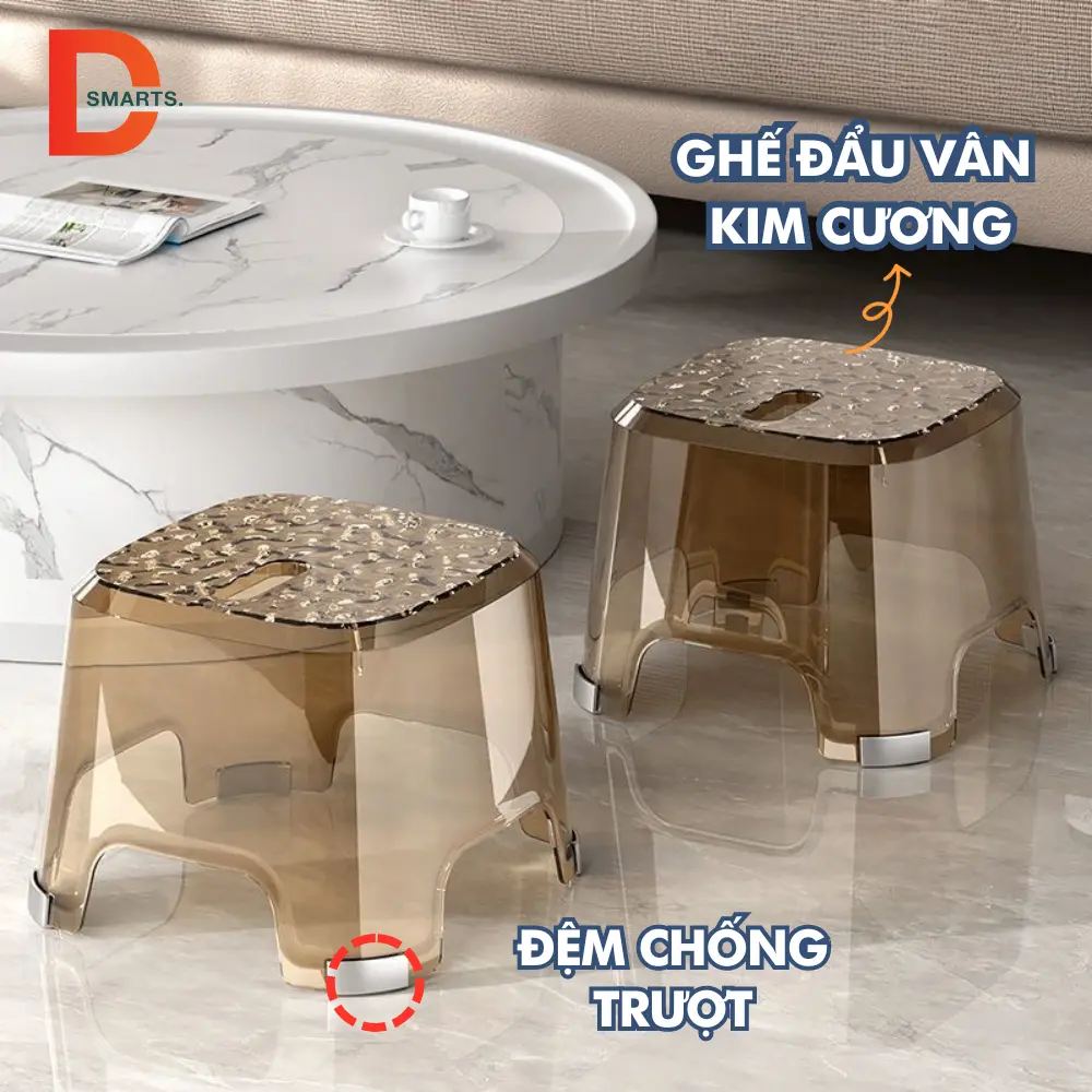 Ghế đẩu vân kim cương chống trượt chất liệu nhựa PET trong suốt cho gia đình, Ghế kê chân tiện lợi