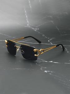 1 Pair Simple Leopard Detail Double Beam Aviator Sunglasses For Everyday Use, Casual Geometric Shaped Lens Rimless Fashion Sunglasses, Travel Accessories