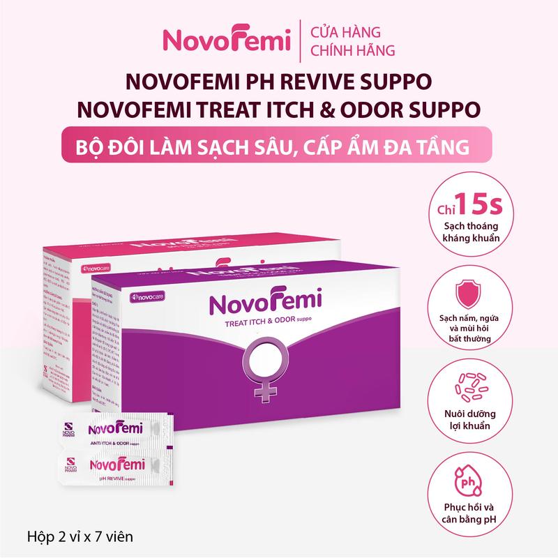  Combo 1 NovoFemi dưỡng ẩm & phục hồi + 1 NovoFemi Tím Treat Itch làm sạch dung dich vệ sinh 180ml 