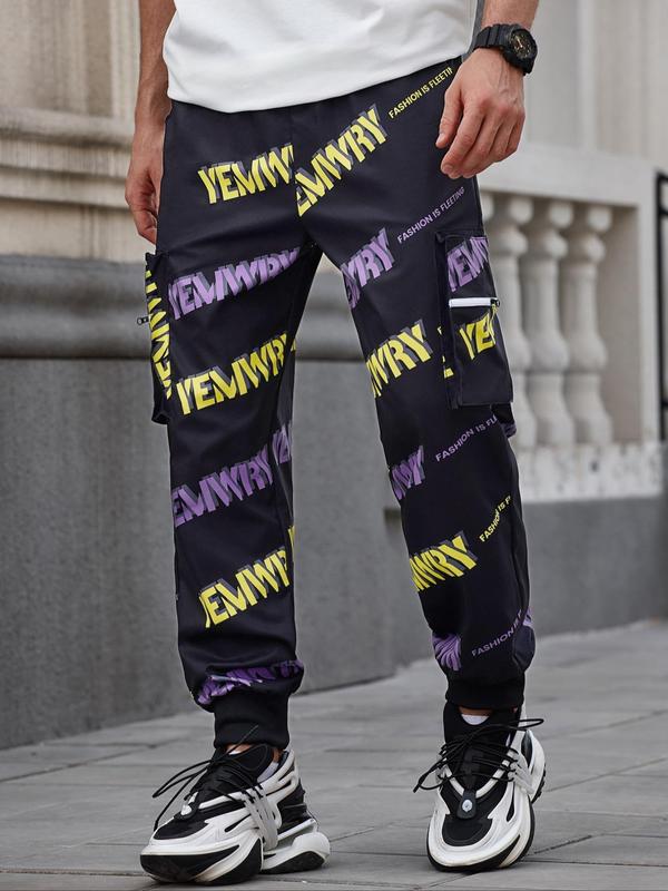 Men's Regular Fit Letter Print Cargo Pants, Casual Street Comfy Trousers for Gym Workout Running, Fashion Men's Bottoms for All Seasons 0