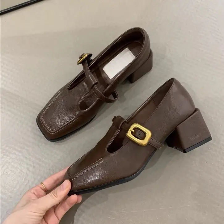 Giày Cao Gót Chunky, Phong Cách Cổ Điển Kiểu Pháp, Mũi Vuông, Dành Cho Nữ, Bộ Sưu Tập Mùa Lò Xo Và Mùa Thu, Phong Cách Buổi Tối Mới, Phong Cách Hàn Quốc, Giày Cao Gót Cổ Tích Mary Jane, Làm Bằng Da