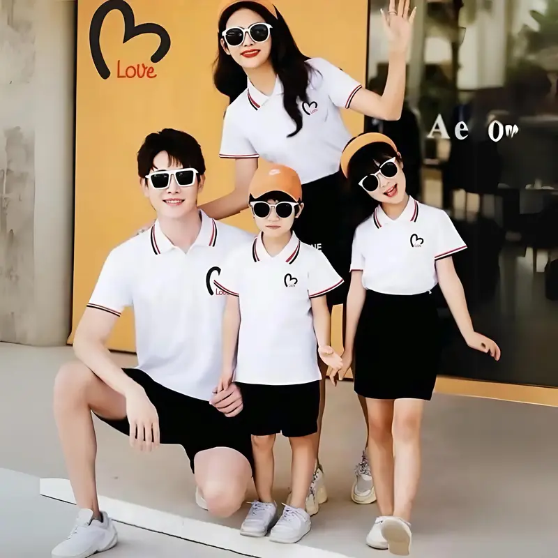 Áo thun có cổ polo đồng phục gia đình phối sọc họa tiết trái tim chất thun cá sấu co dãn 4 chiều, thoáng mát, hạn chế nhăn 1