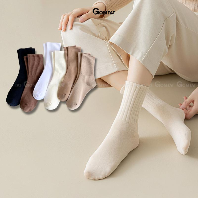 Vớ nữ cao cổ trơn màu cổ sọc gân, tất trơn cao cổ nữ chất vải dày dặn êm ái - OAS-1701-1DOI