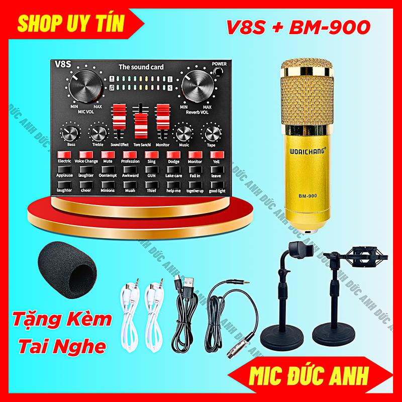 Bộ Mic Thu Âm BM900 Sound Card V8S Có Bluetooth, Pin, Auto-tune Chân Mic Để Bàn Tặng Kem Tai Nghe