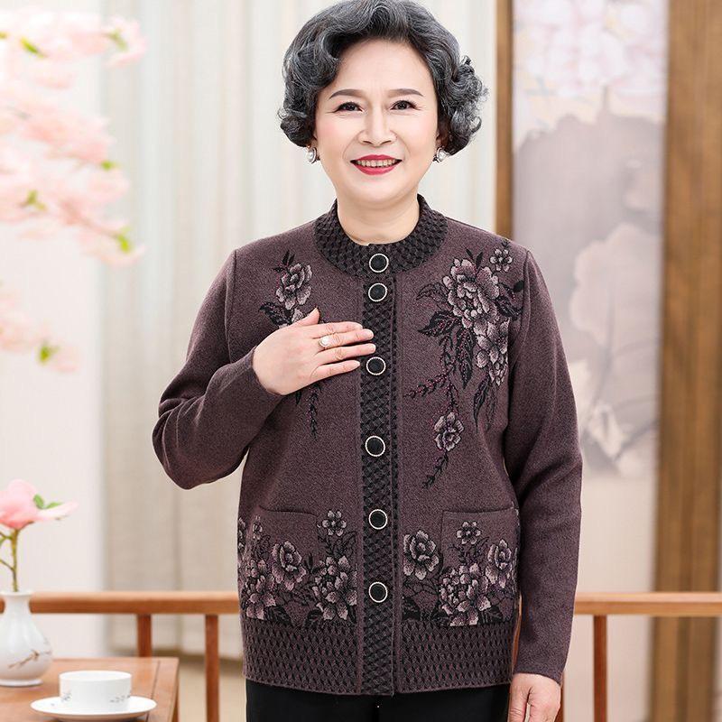 Áo khoác len cardigan thêu hoa cao cấp cho bà cho mẹ, áo len cho mẹ cổ tròn nút tháo rời, áo khoác trung niên nữ, áo len ấm cho người già Women Top Hồng