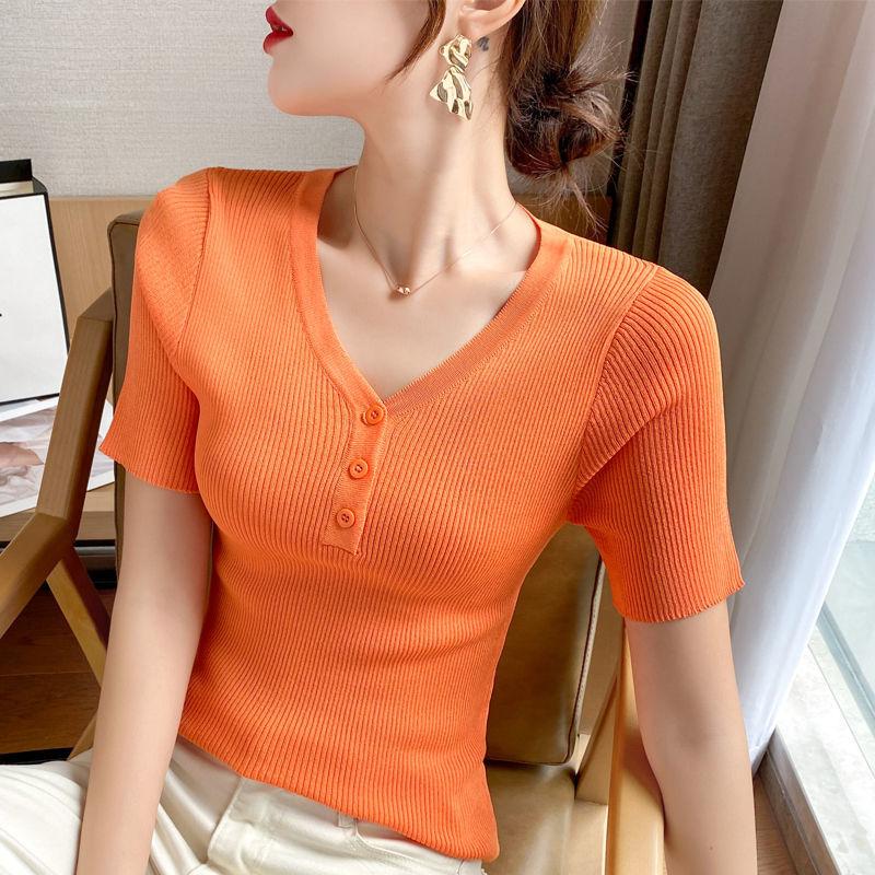 Áo Thun Mùa Hè, ngắn Tay, Chất Liệu Lụa Lạnh Dành Cho Nữ, Phong Cách Hàn Quốc, Dáng Ôm, Cổ Chữ V, Thiết Kế Nút, Áo Mỏng, Hợp Xu hướng, Hàng Mới Về Năm 2025 4