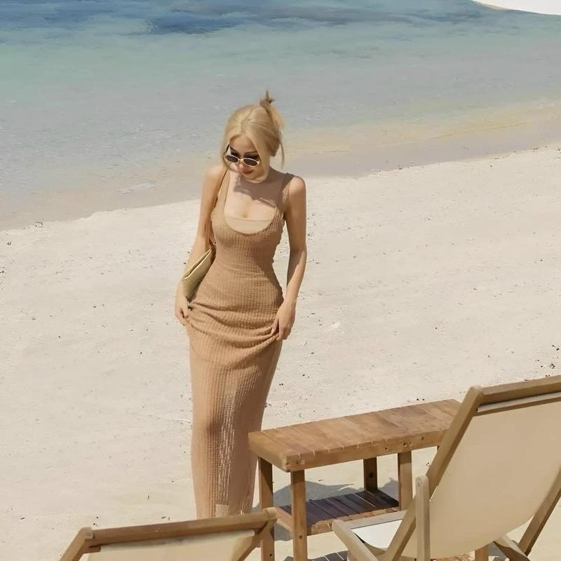 Sét bộ đồ đi biển đầm body sát nách ren phối lưới lót trong có mút ngực Sexy Gợi cảm 2 màu Top Nữ Áo Women Voi Kem Sen