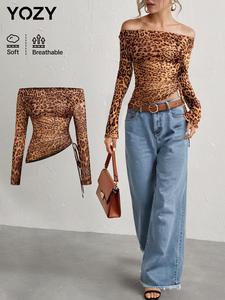 YOZY Women's Leopard Print Ruched Drawstring Off Shoulder Mesh Tee, Fashion Casual Long Sleeve T-shirt for Daily Outdoor Wear, Ladies Clothes for All Seasons