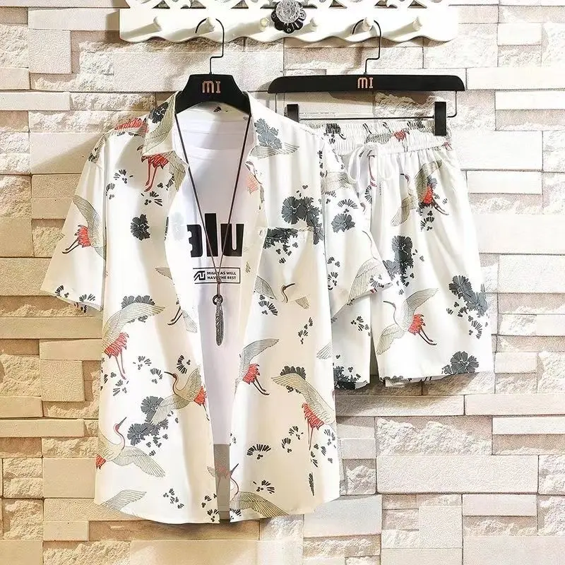 Bộ Đồ Nam, Phong Cách Trung Quốc Mới, Áo Sơ Mi Ngắn Tay, Áo Sơ Mi Đầy Màu Sắc Hợp Xu hướng Quần Đùi Đi Biển, Bộ Hai Mảnh, Quần Áo Nam Menswear Tre