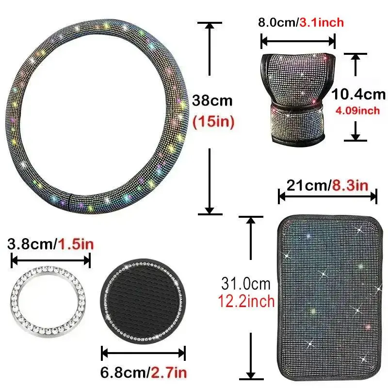 Rhinestone Car Interior Decoration Set (7pcs), Including Car Steering Wheel Cover, Armrest Box Mat, Gear Handle Cover, 2 Coaster & 2 Starting Ring 1
