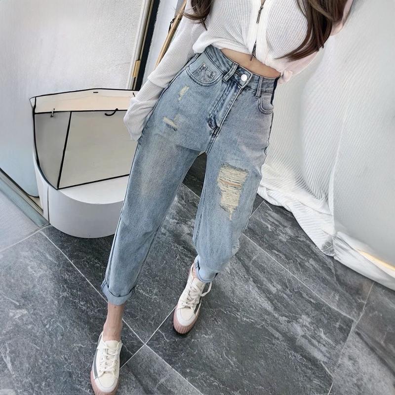 Quần Baggy Jean Nữ  Lưng Cao Không Co Giãn Rách Gối Kiểu Cá Tính Denim 3