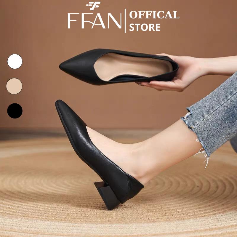 Giày nữ đế vuông mũi nhọn [da thật] mềm mại S600V FFAN STORE, cao gót bít mũi 3 phân big size màu đen be trắng
