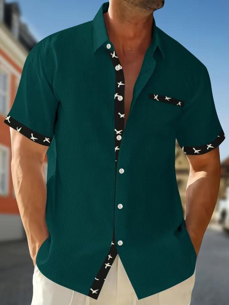 Product Introduction of Men's Contrast Binding Short Sleeve Shirt, Regular Fit Casual Button Collared Top for Summer, Fashion Men's Clothes for Daily Wear 1