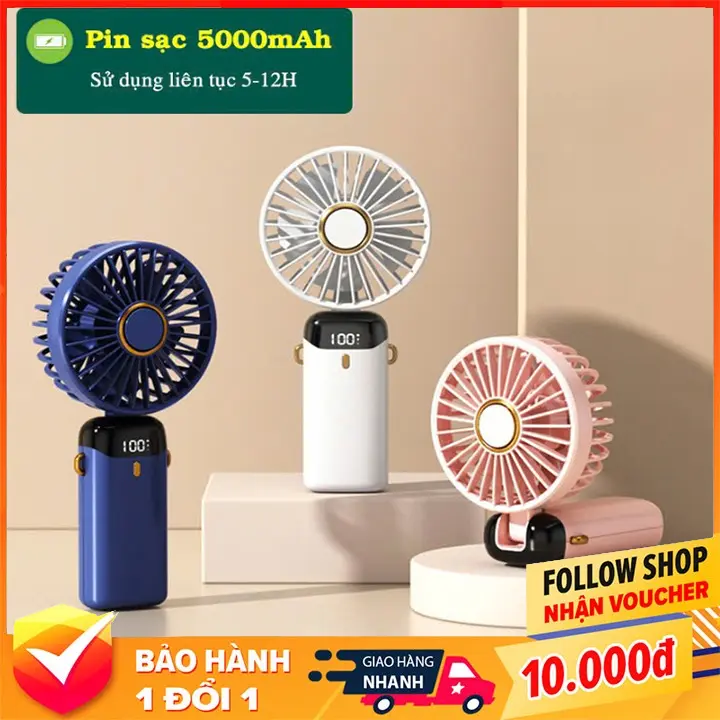 Quạt Mini Cầm Tay Tích Điện, Pin Sạc 5000mAh,5 Tốc Độ Gió, Xoay Linh Hoạt 90 Độ Có Dây Đeo Cổ,Đèn LED Hiển Thị