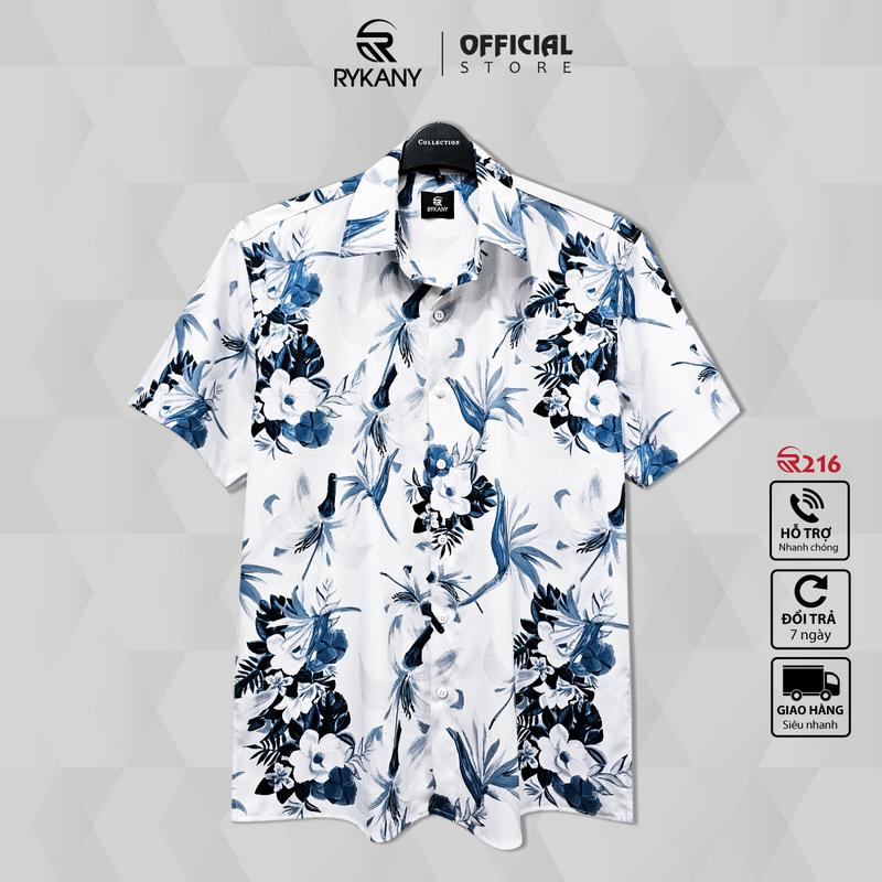 Áo sơ mi nam Hoa xanh nền trắng, tay ngắn, vải lụa Thái, MỀM MỊN, thoáng mát, họa tiết KHỚP HÌNH khi mặc (R216) Menswear Shirt hoatiet