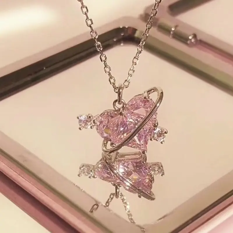 Pink Zircon Love Heart Pendant Necklace for Women Fashion Sweet Clavicle Chain Necklace Jewelry Suit for Girls Birthday Gift