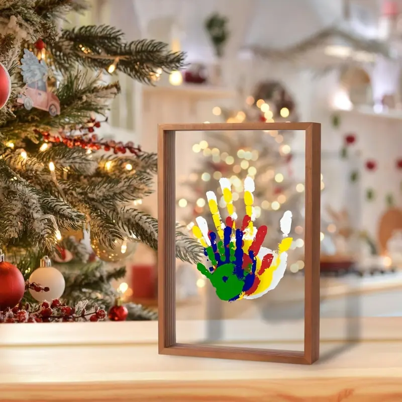 [Local warehouse shipments] 1pc Family Handprint Photo Frame that can print 4 handprints with 6 colors of paint, Family Photo Frame, Transparent Handprint Frame, Wood Color