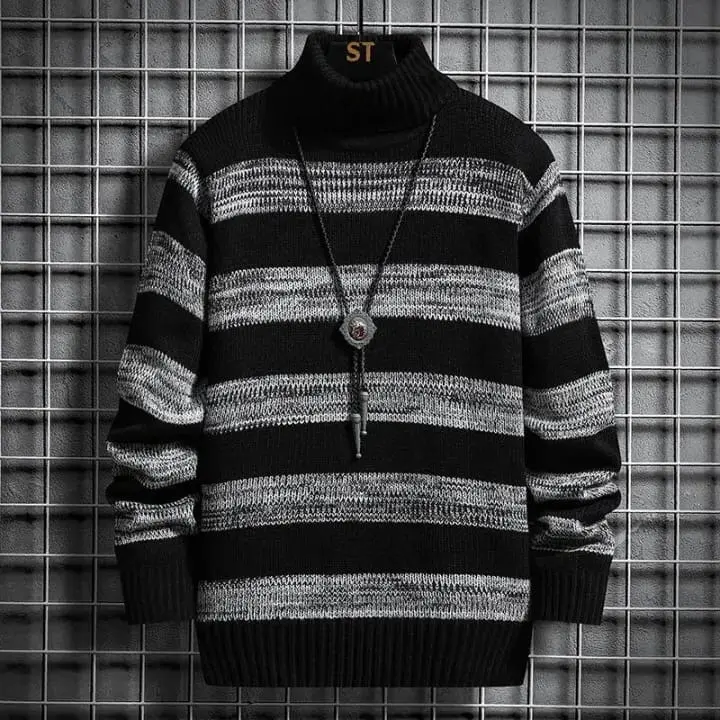 ￼Sweater Rajut Pria Korean Style Turtleneck Twister Sweter Rajut Cowok Kerah Tinggi Keren Lengan Panjang Bahan Tebal Hitam Putih Abu Cardigan Knitwear Oversize Baju Katun