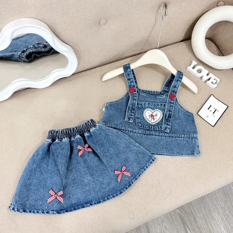 C72 - Set Bộ Áo Jean 2S Bản To Phối Chân Váy Xòe Gắn Nơ Điệu 3