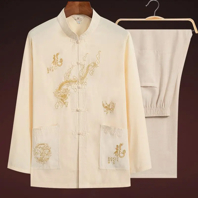 Bộ Đồ Nam, Phong Cách Tang, Dành Cho Người Trung Người Già Và Cao Tuổi, Hanfu ngắn Tay Của Bố, Thích Hợp Cho Mùa Xuân, Mùa Hè Và Mùa Thu, Áo Dài Tay Cho Ông Nội, Quần Áo Tập Thể Dục Buổi Sáng Cổ Điển
