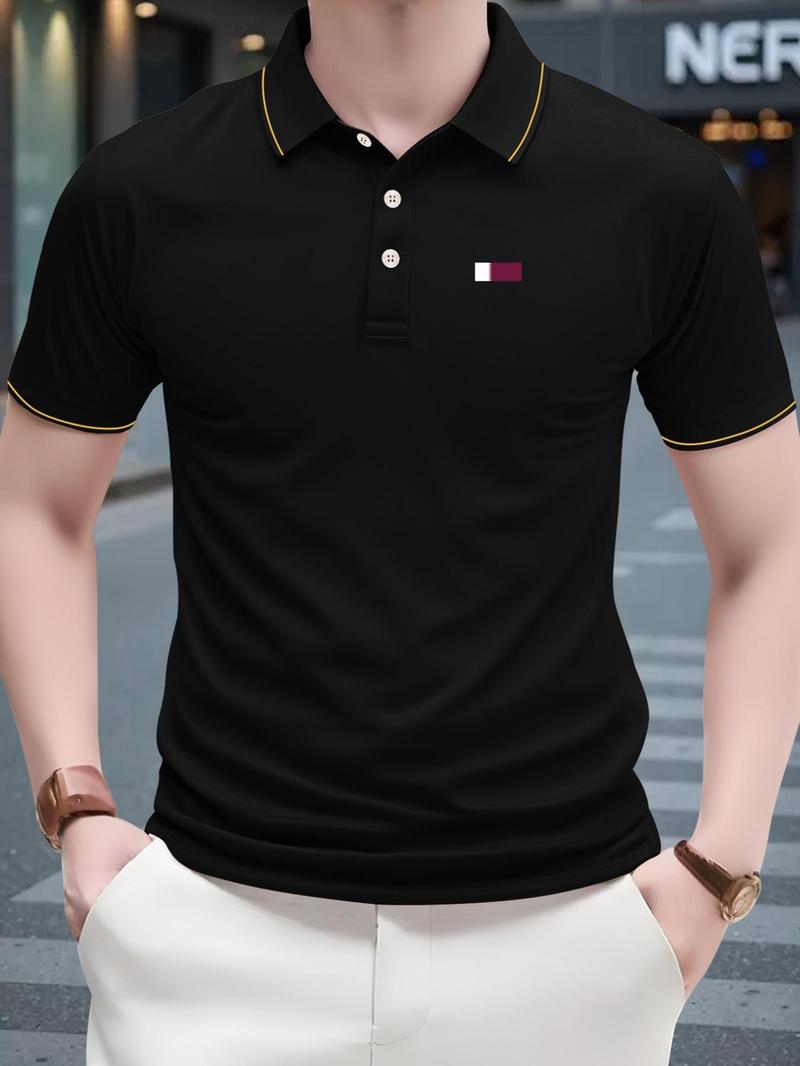 Product Introduction of Men's Regular Fit Geometric Print Contrast Trim Polo Shirt, Casual Short Sleeve Collared Top for Summer, Fashion Men's Clothes for Daily Wear, Tropical 3