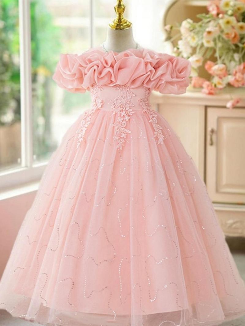 Product Introduction of Girl's Floral Embroidery Contrast Sequin Faux Pearls Zipper Back Fit and Flare Party Dress, Elegant Contrast Mesh Maxi Tutu Dress for Party Performance Wedding Guest, Kids Clothes for All Seasons 1