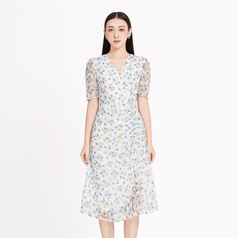 Đầm midi voan dệt hoa đắp tà phối tùng nhún Nữ Women