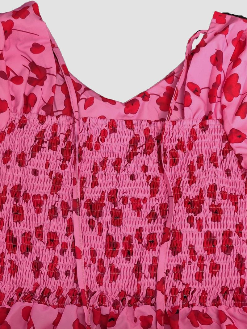 Product Introduction of Women's Ditsy Floral Print Puff Sleeve Shirred Tie Back A Line Dress, Boho Fashion Backless Ruffle Hem Long Dress for Daily Holiday Vacation Wear, Ladies Dress for Spring Fall 7